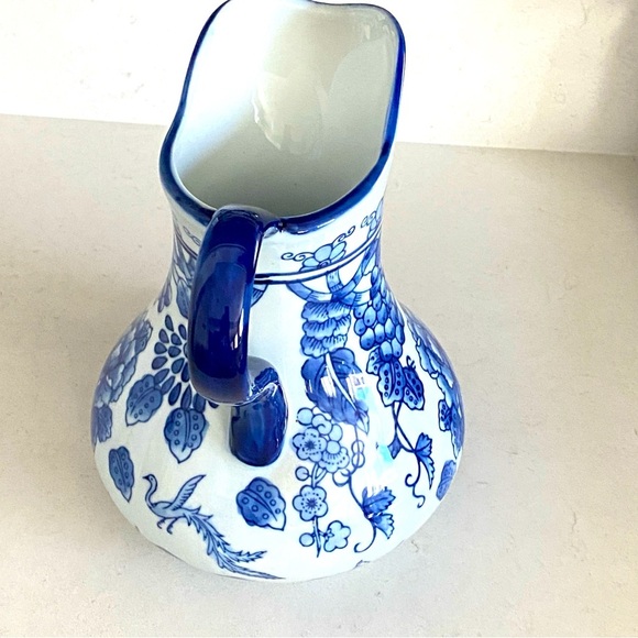 Asian Blue and White Floral Porcelain Pitcher - Picture 5 of 8